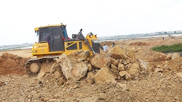 Wonderful Skill Operator Technique Bulldozer Huge Pushing Rock Back Landfill Dump Truck Moving Rock