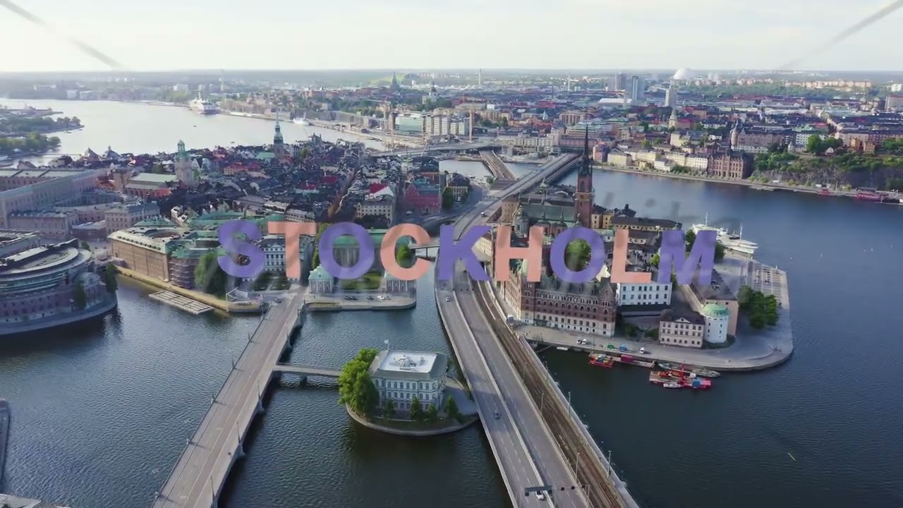 Inscription on video. Stockholm, Sweden. Old Town - Gamla Stan. Riddarholmen. Aerial view. Multicolo
