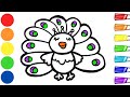 Drawing and Coloring A Cute Peacock 🦚🌈✨ | Cartoon Animals Drawing Easy | Step by Step Art Tutorial