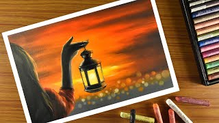 Oil Pastel Drawing- Sunset Scenery- Step by Step/ How to draw sunset scenery