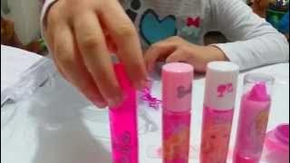 Barbie makeup set tutorial for children . Kit for girls. Cute  video