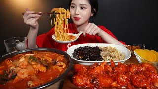 SUB)얼큰칼칼 해물짬뽕에 칠리새우 짜장볶음밥 먹방! Seafood jjambbong spicy shrimp mukbang ASMR