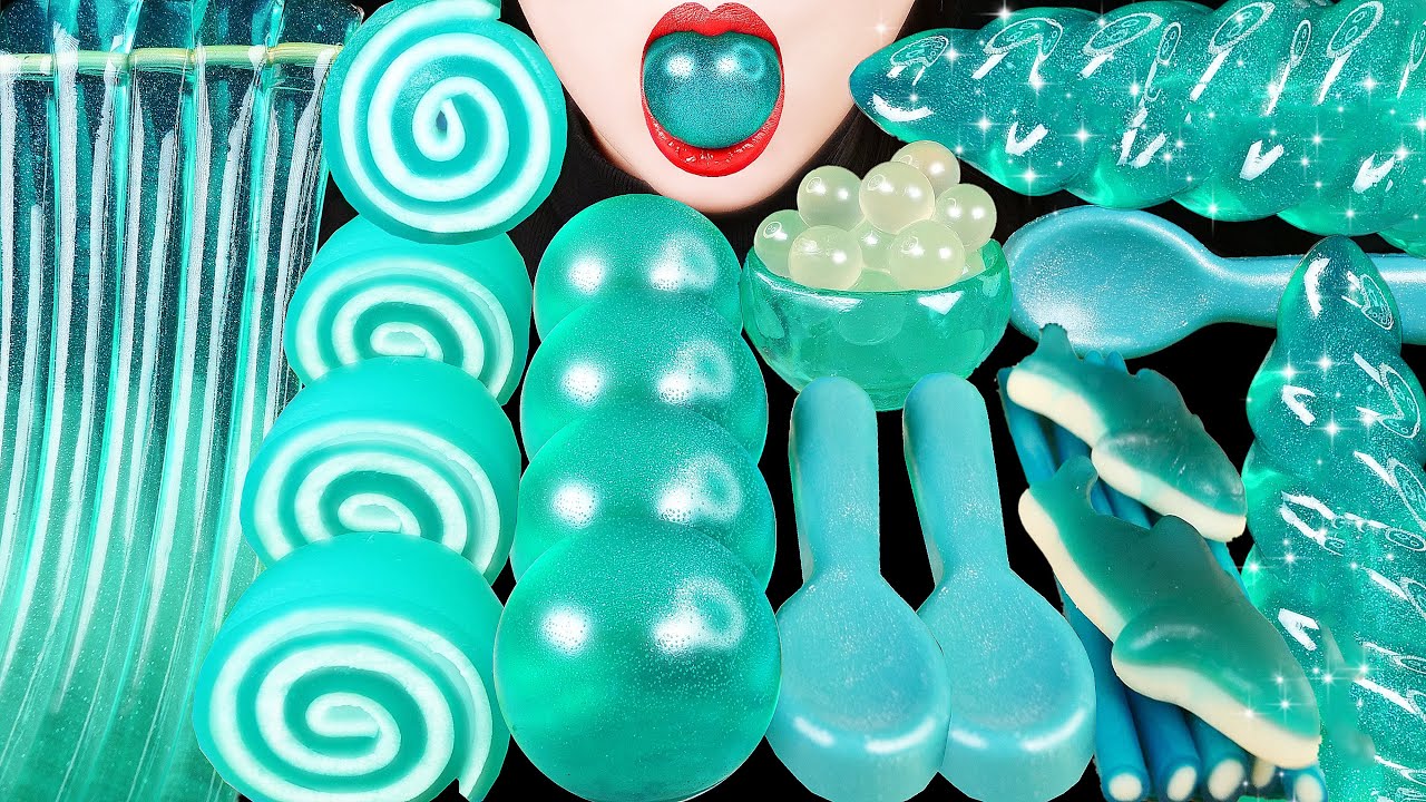 Update ASMR TEAL DESSERTS: JELLO PINWHEELS, POPPING BOBA, UNICORN HORN JELLY NOOLDES, EDIBLE SPOONS, GUMMY