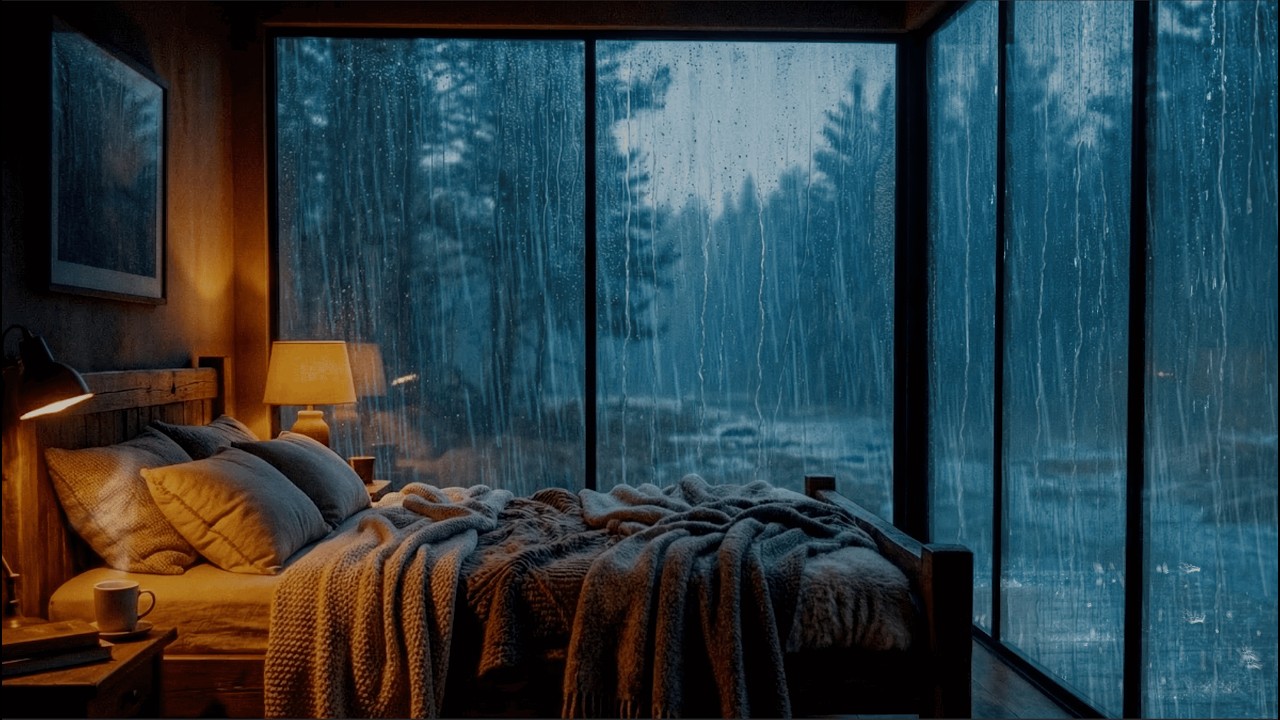 Rain Sounds for Deep Sleep & Insomnia | Cozy Glass Cabin | Heavy Rain ...