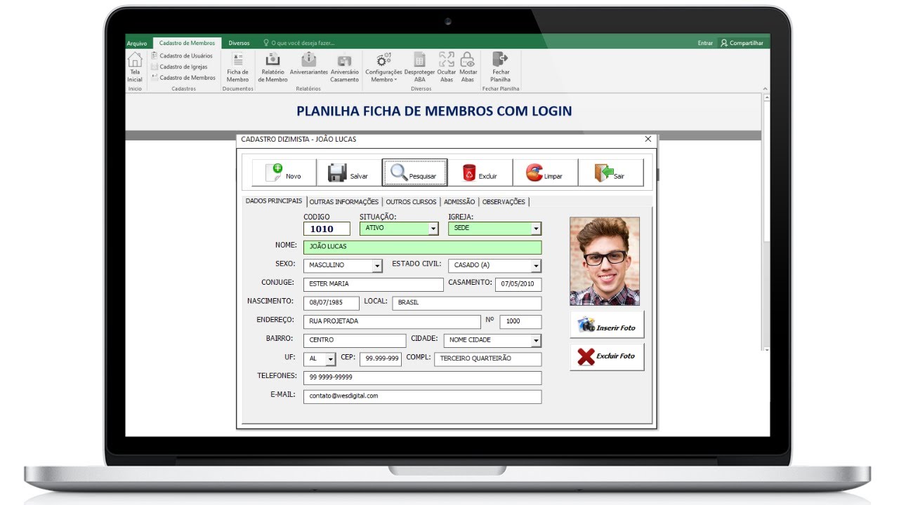 Apresentação Planilha Ficha de Membro com Foto e Login