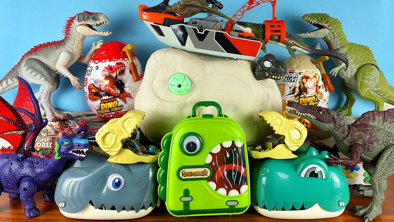 ASMR Jurassic World Unboxing Colorful Dinosaur T-rex Head D-rex Triceratops Stego Spino Dino Trucks