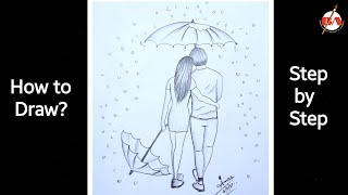 How to draw a Romantic Couple under Umbrella 🌂 in Rainy Season walking on road . pencil sketch.