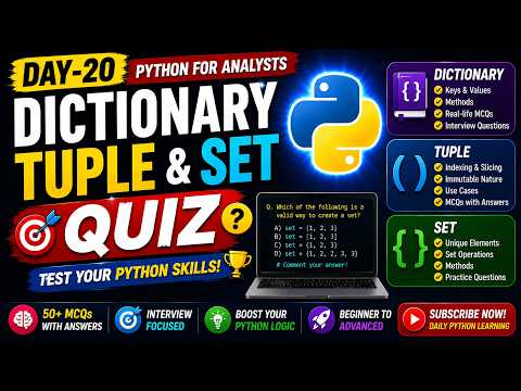 Day 20 | Python Dictionary, Tuple & Set Quiz | 50+ MCQs with Answers | Python for Beginners