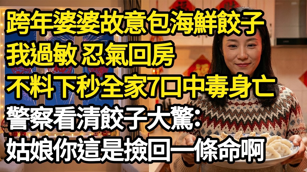 跨年婆婆故意包海鮮餃子，我過敏 忍氣回房，不料下秒全家7口中毒身亡，警察看清餃子大驚：姑娘你這是撿回一條命啊#為人處世#正能量#故事#生活經驗#老年情感#爽文