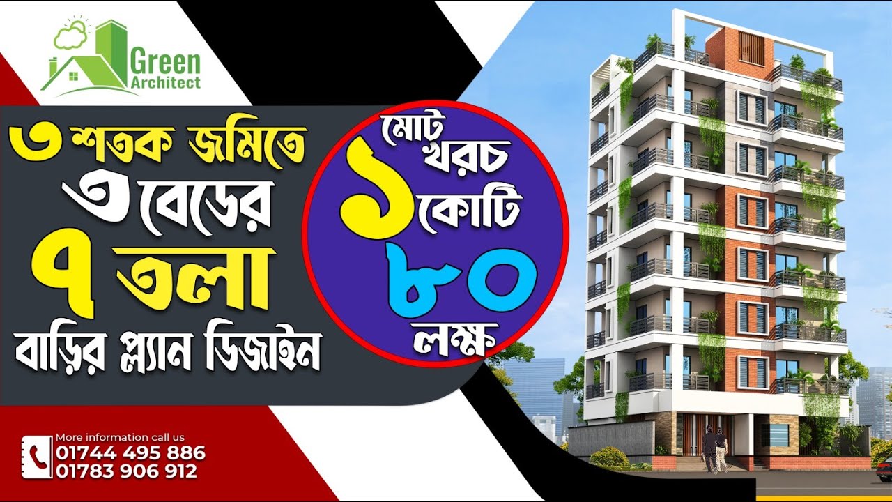 ৩ শতক জমিতে ৩ বেডের ৭ তলা বাড়ির প্লান খরচ ১ কোটি ৮০ লক্ষ | 7 storied building plan design with cost