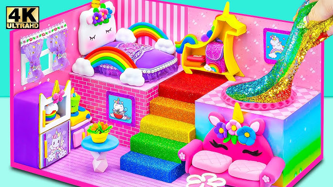 Building Cute Pink Hello Kitty Bedroom has Bunk Bed, Rainbow Slide Pool ❤️  DIY Miniature Clay House 