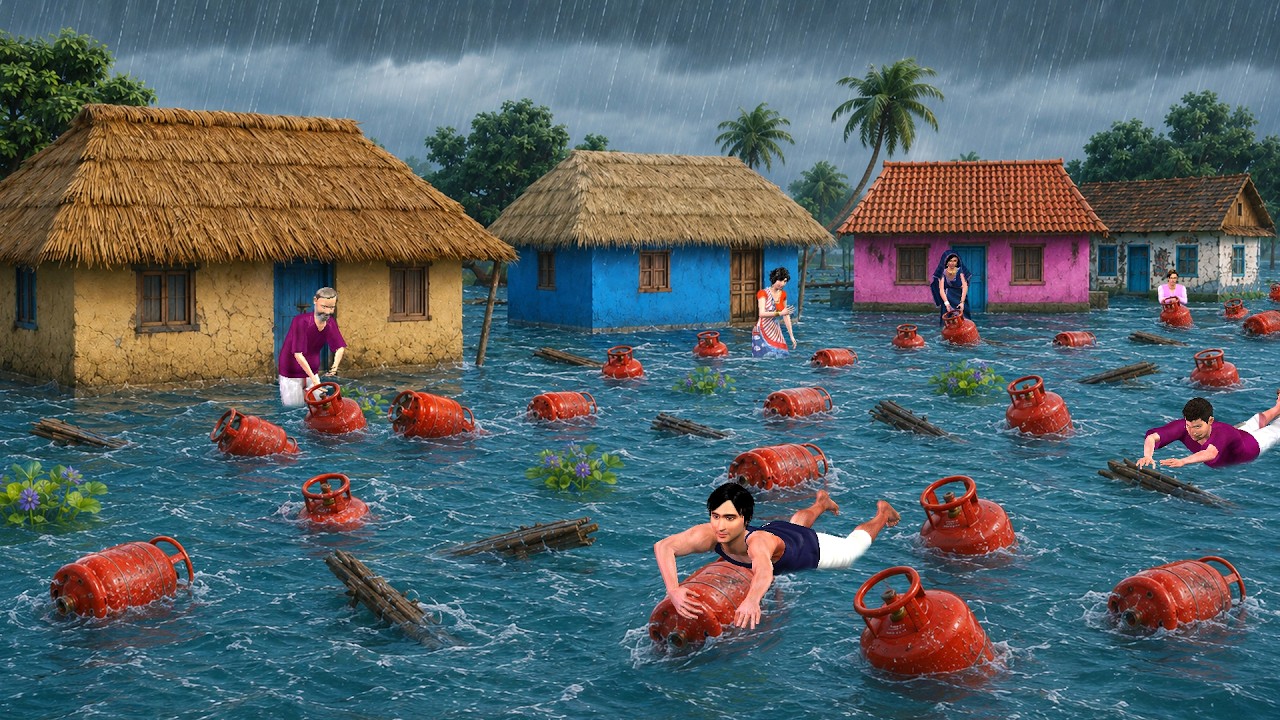 Flood Water में तैरते LPG Gas Cylinders Moral Comedy video Hindi Kahaniya