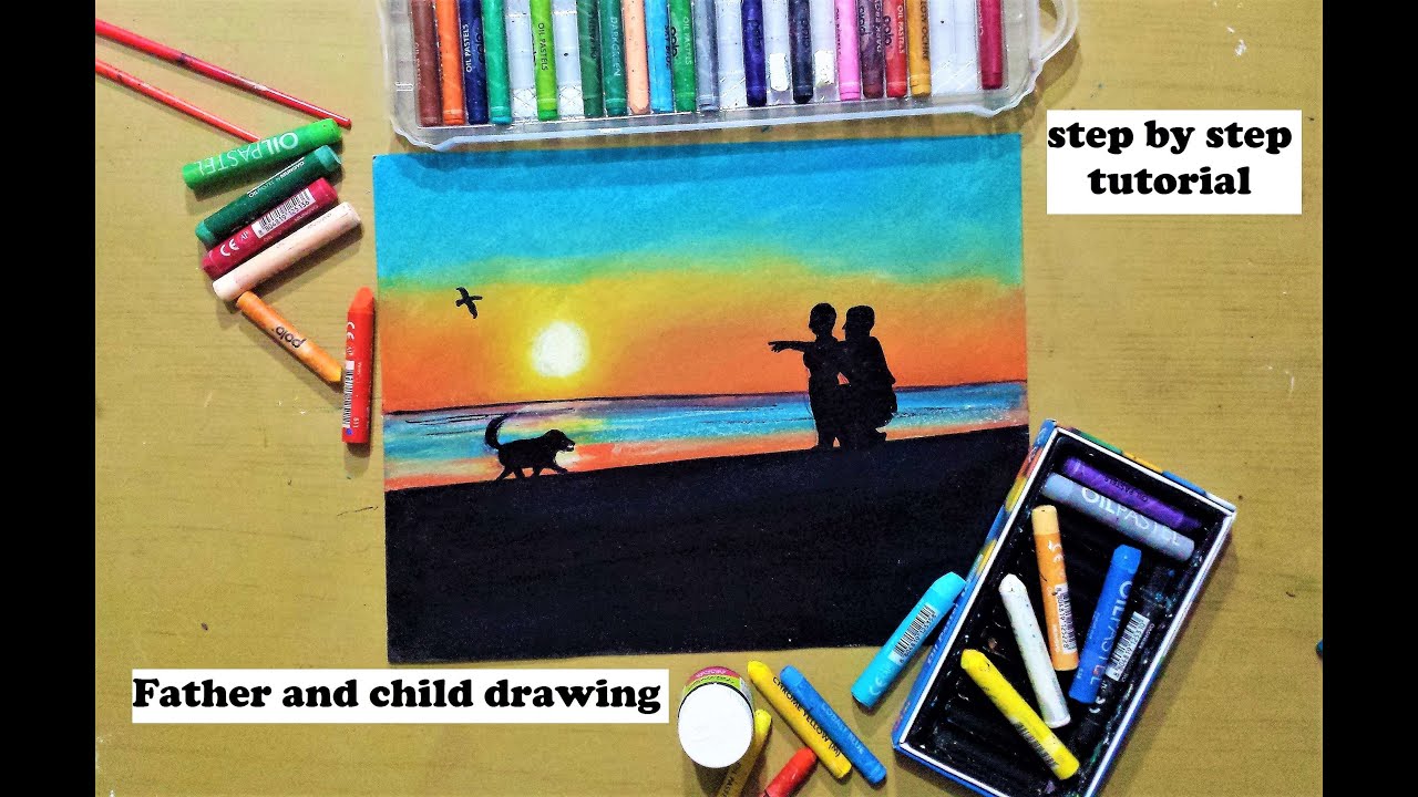 how to draw father and son | with dog | sunset | Father's day drawing with oil pastels | kaurpaints
