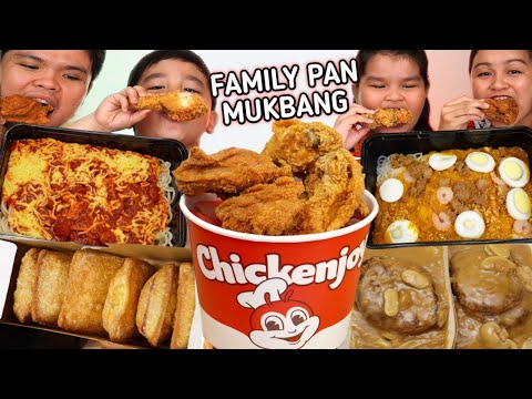 JOLLIBEE FAMILY PAN MUKBANG | SPAGHETTI PAN | CHICKEN JOY | PALABOK PAN | BURGER STEAK | SWEET PIES