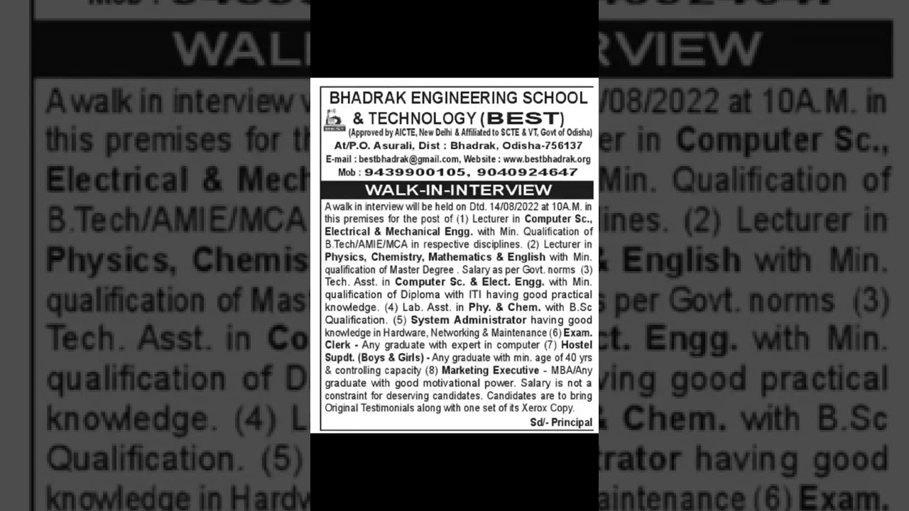 Bhadrak Engineering College Recruitment || BEST Recruitment || Walk in Interview at BEST