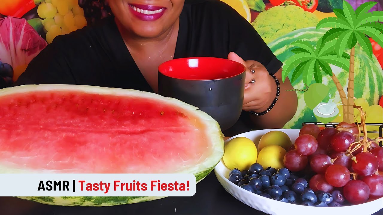 ASMR Watermelon, Grapes & Blueberries Feast 🍉🍇🍈 | Ocean Waves & Coconut Water (No Talking)