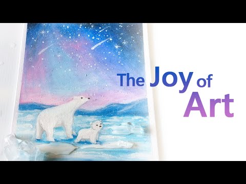 蠟筆畫 / 壓克力畫 / 畫北極熊 / 畫星空《 DIY Painting # 11》星空下的北極熊《The Joy of Art》