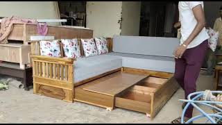 space saving L shape sofa cum bed 100% teakwood. #8125300007 space saving L shape sofa cum bed 100% teakwood. #8125300007