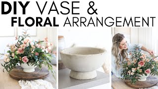 HOW TO MAKE A FLORAL ARRANGEMENT || DIY FOOTED CONCRETE BOWL || BUDGET HOME DECOR