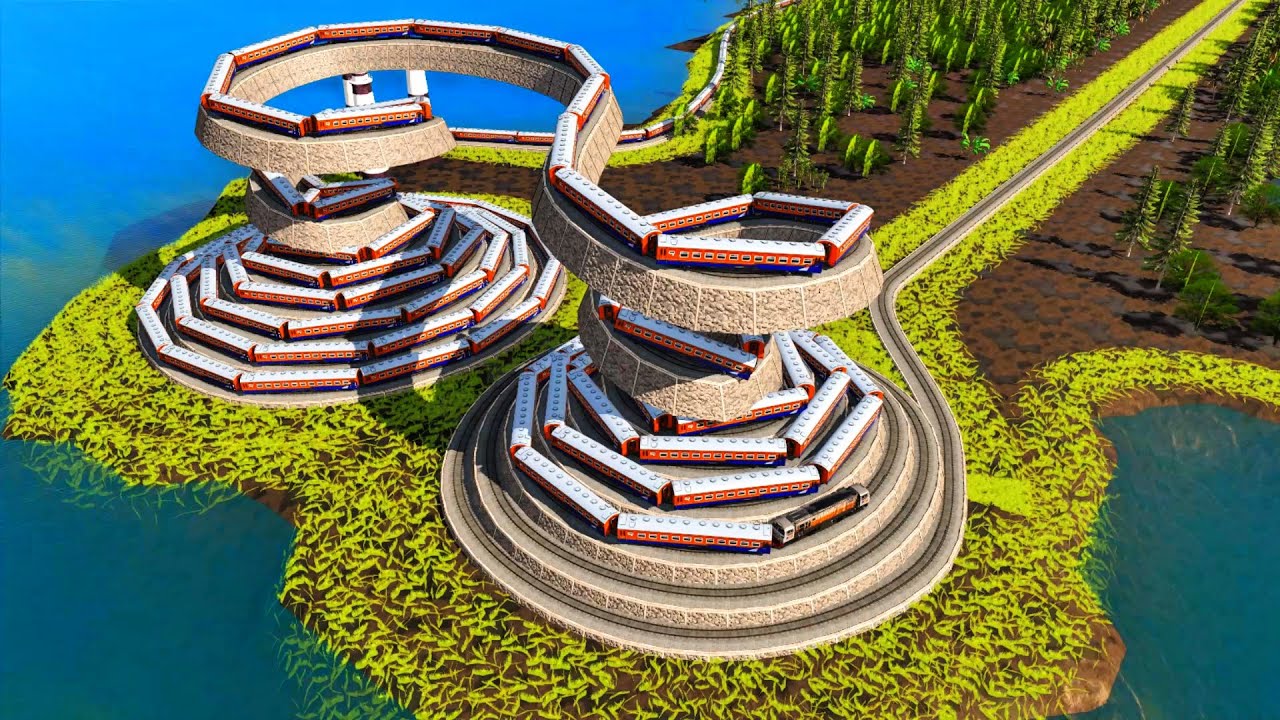 Kereta Api Sangat Panjang Menaiki Dua Rel Bentuk Piramida Di Pinggir Danau🚂Rel Unik Dan Menegangkan