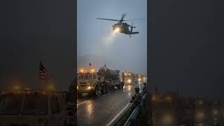 US Army Truck Convoy with Low-Flying Helicopter Formation
