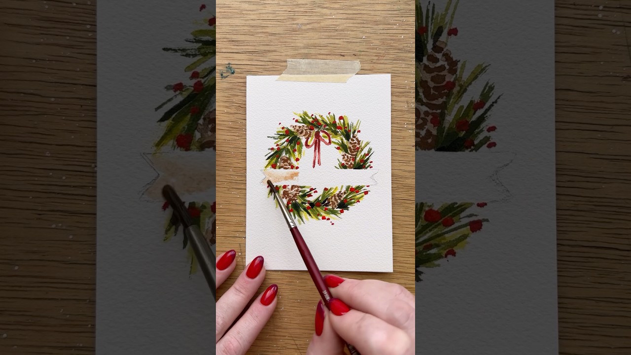 Day 10 of 12 days of watercolor holiday card making - a simple wreath
