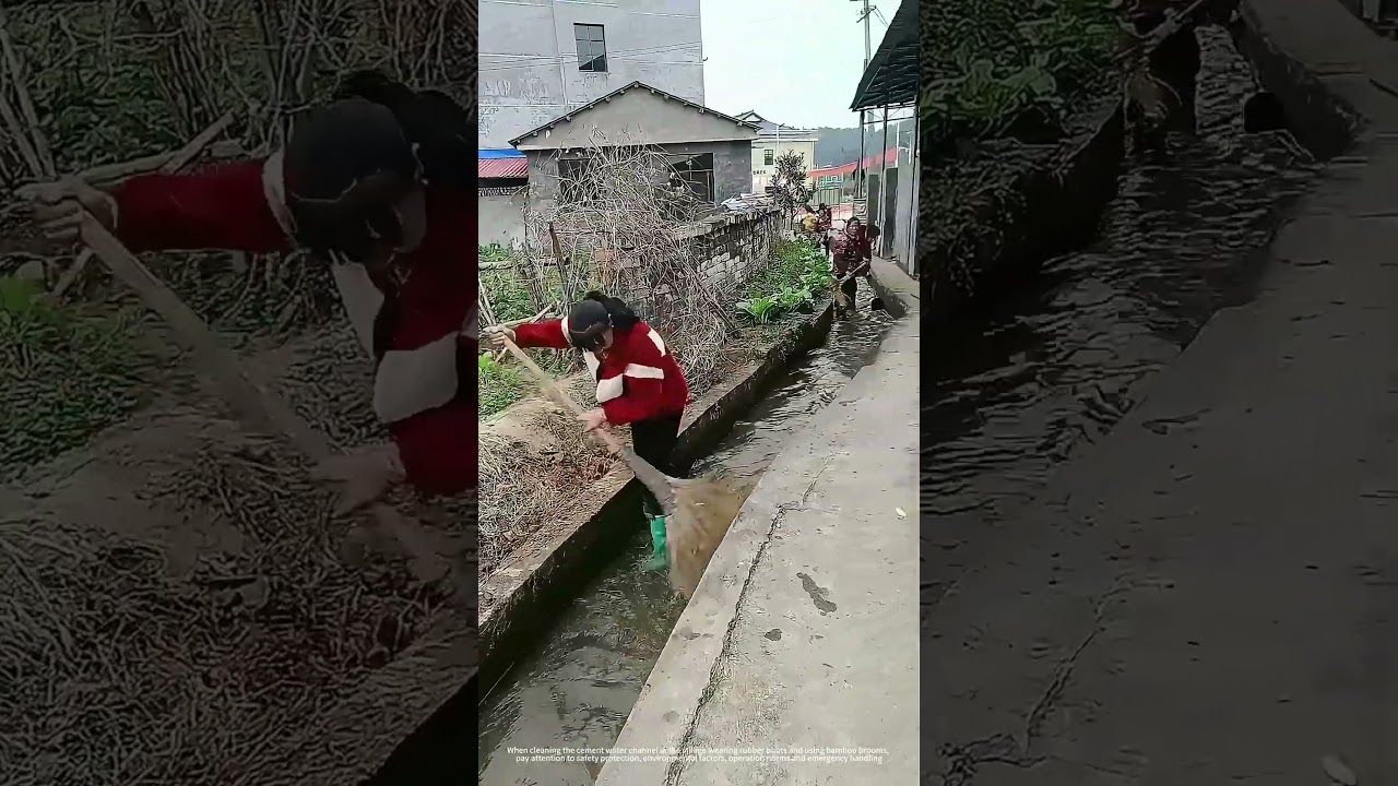 Cleaning Village Water Channel With Brooms and Wearing Rubber Boots