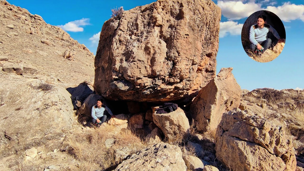 Camping Under a Large Rock and Building a Fireplace in Winter - YouTube