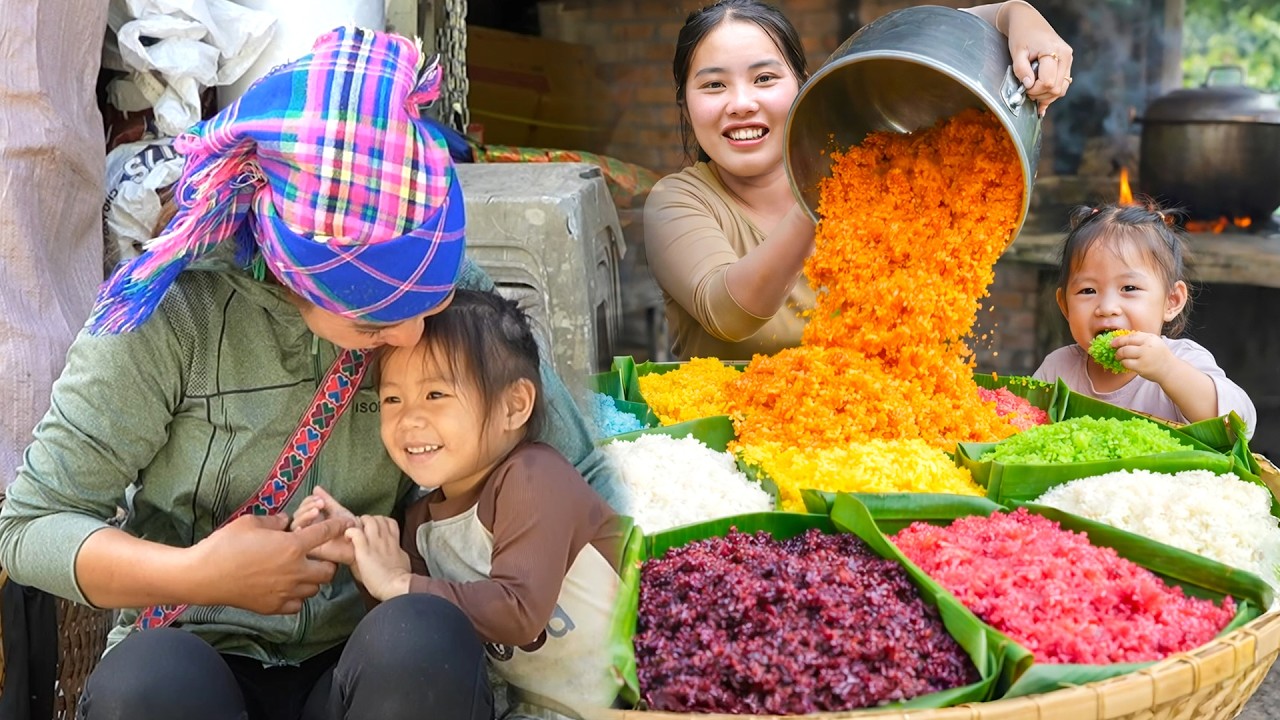 Vibrant sticky rice cooking process with natual dye, successful market sale with my daughter & son