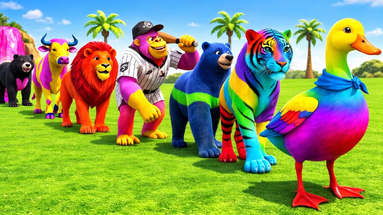 Long Slide Game With Cow Elephant Gorilla Hippopotamus Tiger - 3d Animal Game - Funny 3d Animals 01