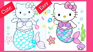 How To Draw Hello Kitty Mermaid 🐱🧜‍♀️ | Easy Tutorial for Kids &amp; Beginners