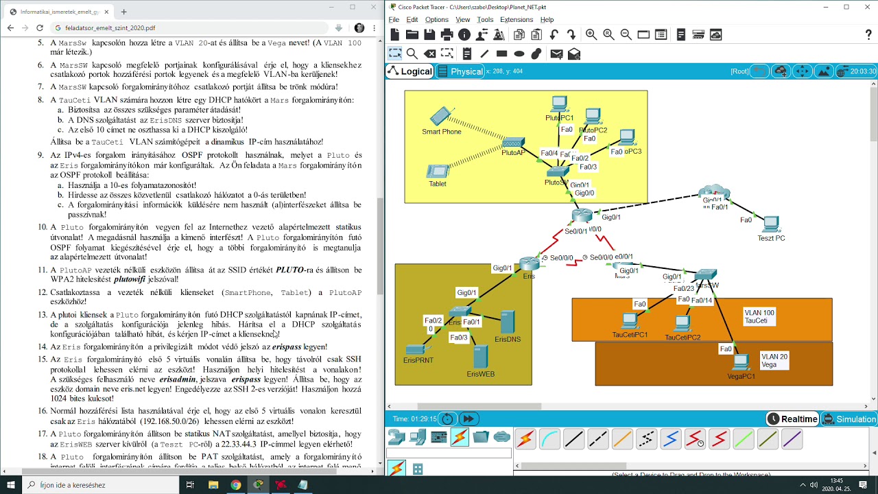 2020 EMELT szakmai informatika (ágazati vizsga) érettségi mintafeladat, hálózat (Packet Tracer 7.3)