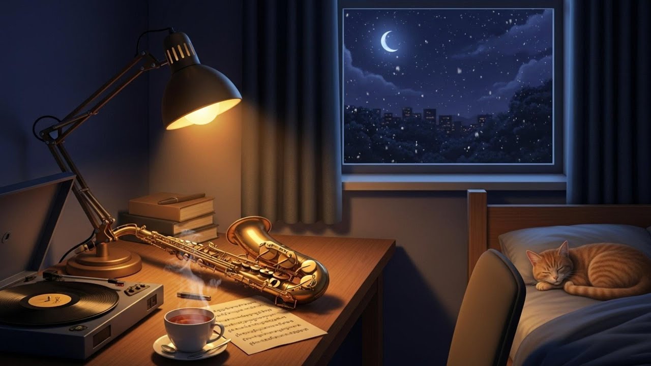 Smooth Winter Jazz  2026🌙 Cozy Night Ambience with Saxophone, Vinyl & Sleeping Cat for Deep Focus
