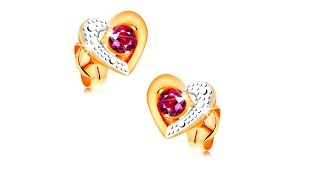 Jewellery - 585 gold earrings - red ruby in bicoloured heart contour, engraving