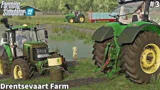 Rescuing Tractor Stuck From Ditch, Baling &amp; Wrapping Grass Bales│Drentsevaart│FS 22│Timelapse#3