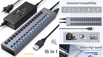 ACASIS Powered USB Hub,16 Ports USB 3.0 Data Hub, Individual On/Off Switches, 12V7.5A 90W Adapter