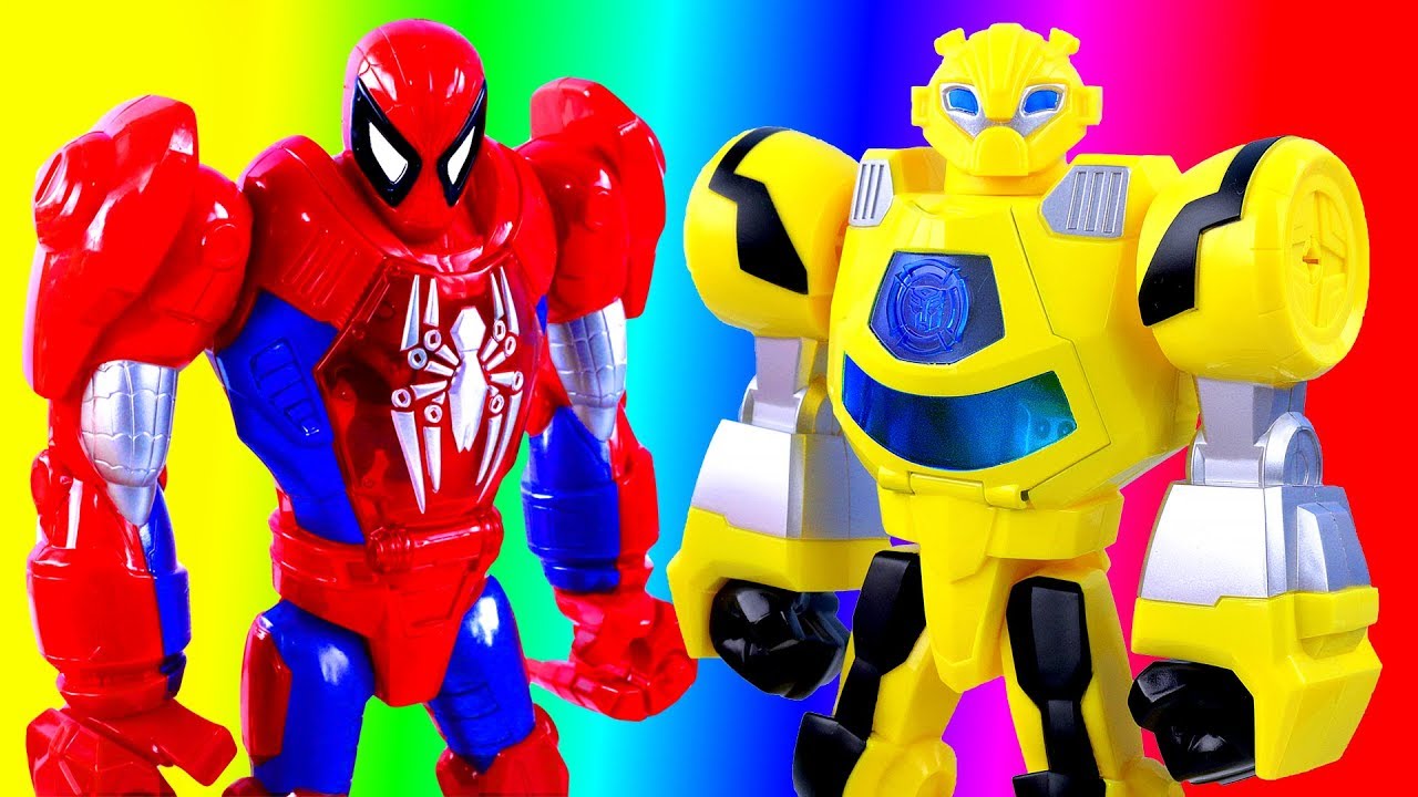 learn colors hulk Color Learning with Toy SPIDERMAN Robot and Transformers Rescue Bots Bumblebee