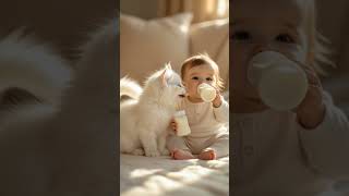 Cat drinks milk like a good baby #cat #catart #baby #adoreble #cutebaby #catcartoon