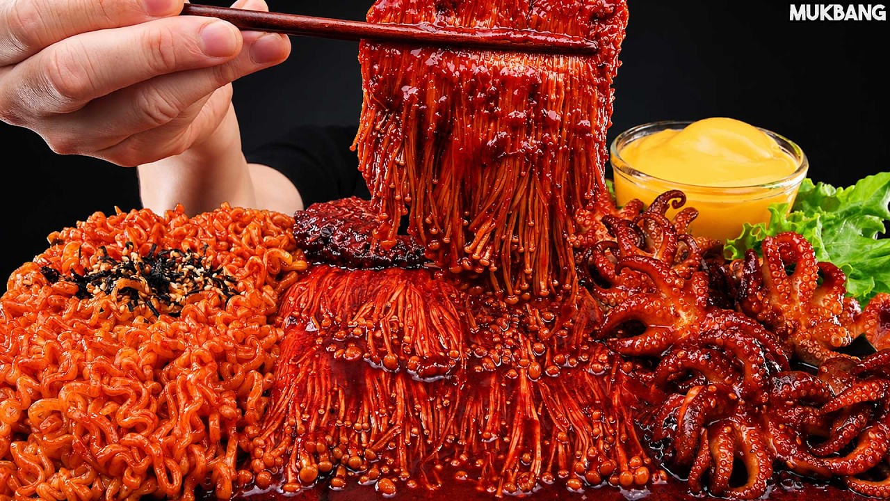 ASMR MUKBANG | Spicy Enoki Mushrooms, Octopus & Buldak Fire Noodles Seafood Boil EATING