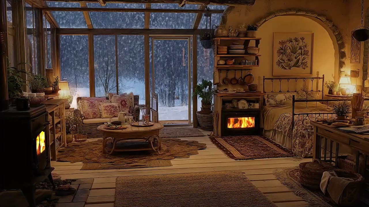 A Remote Cabin Buried in Snow ❄️ Warm Fireplace Sounds While the World Turns White Outside 🔥