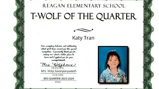 Katy's 1st Grade Award Ceremony for T-Wolf of the Quarter - Spring 2024