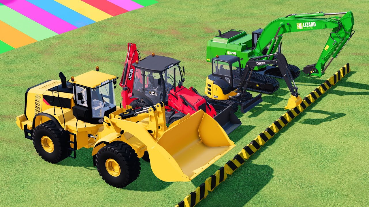 TRANSPORTING YELLOW WHEEL LOADER, RED BACKHOE, YELLOW EXCAVATOR & GREEN  EXCAVATOR! 🏁 - FS 22