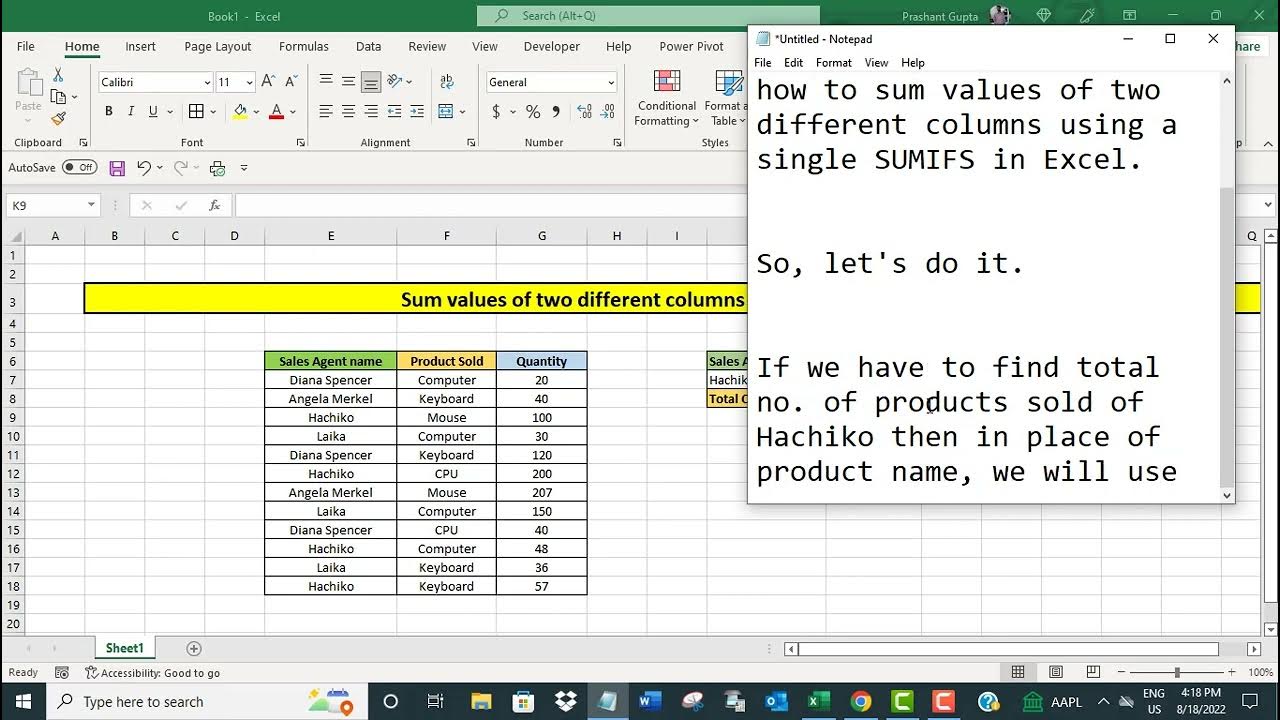 Sum values of two different columns using a single SUMIFS in Excel ...