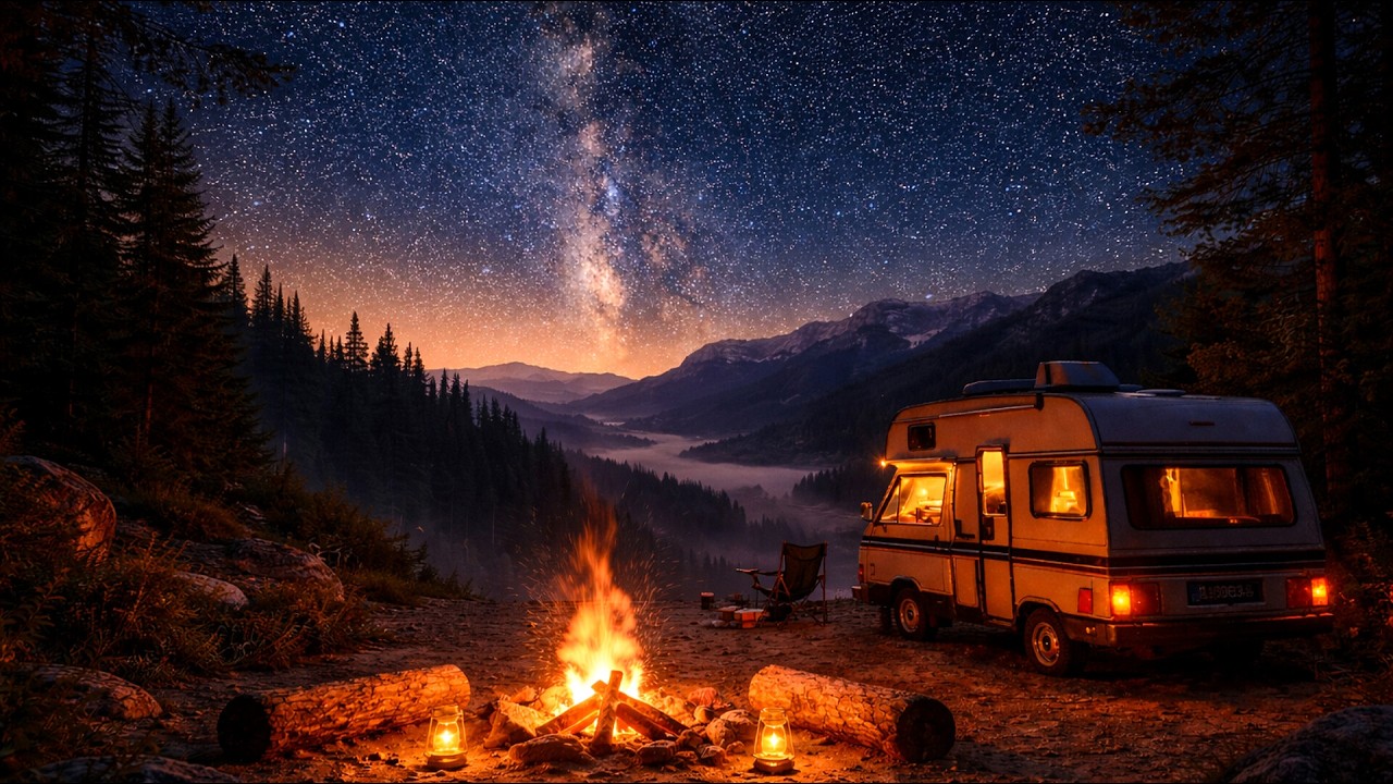 Mountain CAMPFIRE with Camper Van , Valley , Stress Relief, Deep Sleep, Milkyway , Meditation - ASMR