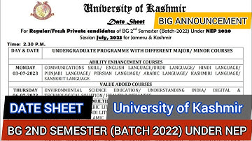 Kashmir University releases BG 2nd semester Batch 2022 Date-Sheet for Regular/Fresh Private students