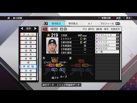 【プロスピ2020選手能力 / NPB PLAYER'S DATE】ロッテ 48 中村稔弥選手 MARINES TOSHIYA NAKAMURA