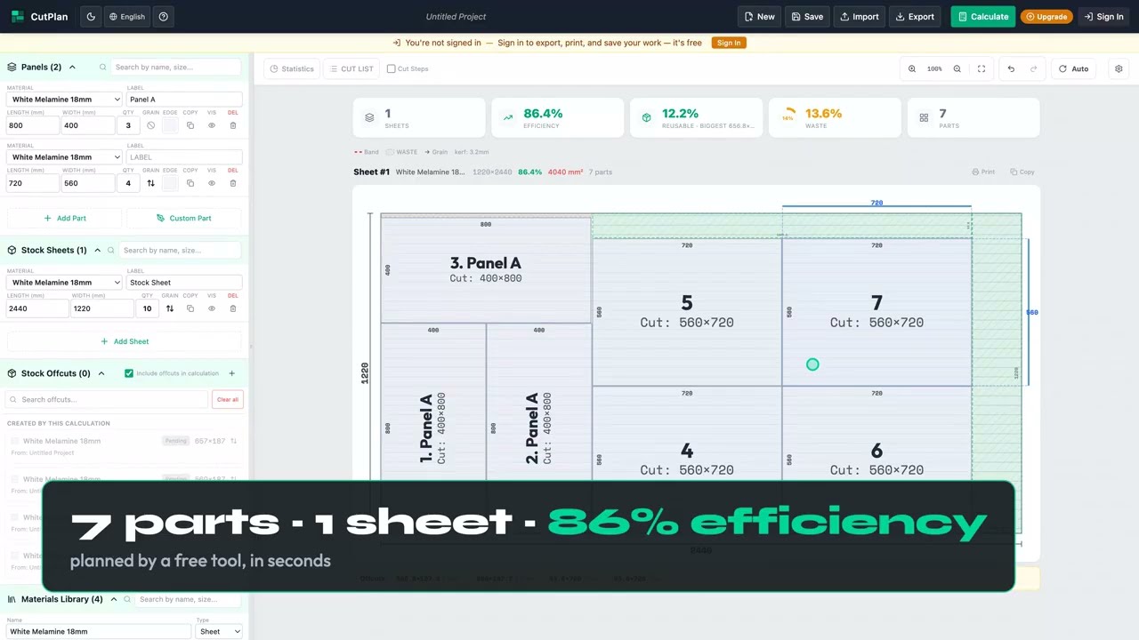 CutPlan cutting plan: seven parts nested on a single 2440x1220 mm sheet at 86% material efficiency