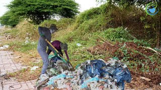 Trash is scattered on the sidewalk, and no one cares; the sidewalk is overgrown with weeds