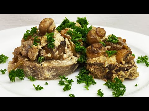 Язык с грибами в сливочно-ореховом соусе