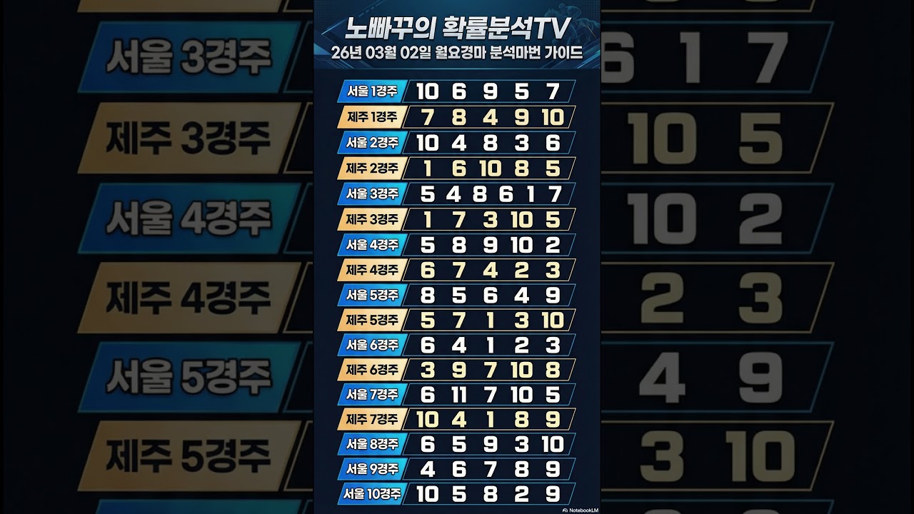 260302 월요경마 | 노빠꾸의 확률분석 마번 | 채널 게시판에 오시면 더 잘 보입니다. | #경마 #경마정보 #경마예상마번 #이번주경마 #이번주경마예상 #월요경마 #월요경마예상